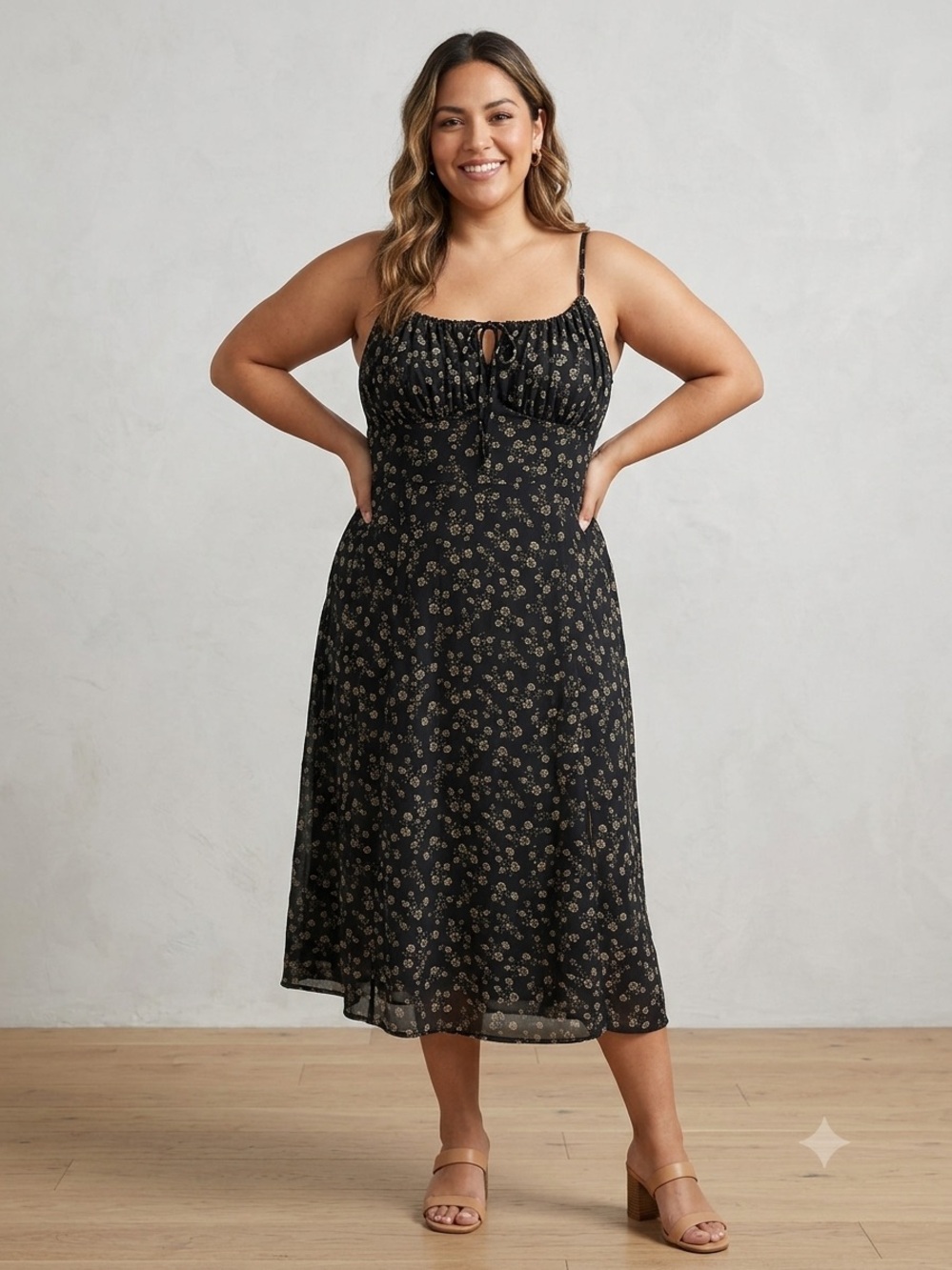 Hot Topic Black Midi Dress with Cream Floral Print